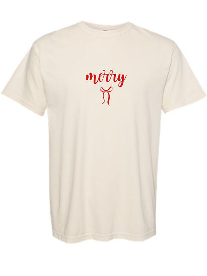 Merry Bow Embroidered Comfort Color Tee or Crewneck Sweatshirt