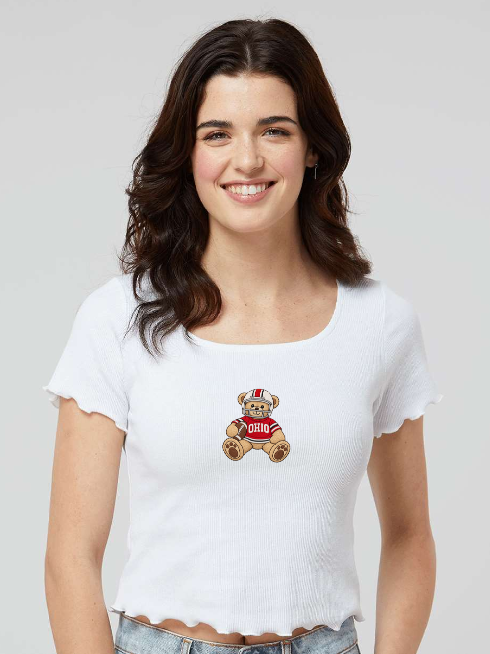 Ohio State Football Teddy Bear Embroidered Women's Baby Rib T-Shirt