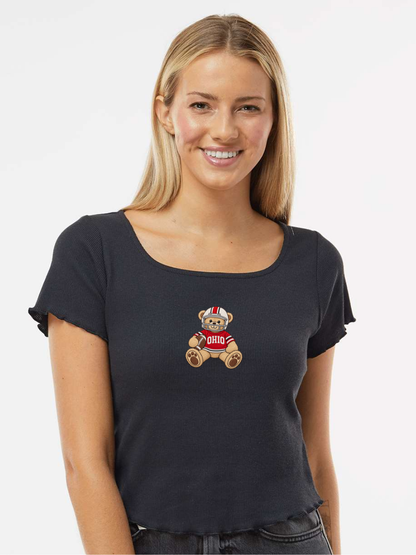 Ohio State Football Teddy Bear Embroidered Women's Baby Rib T-Shirt