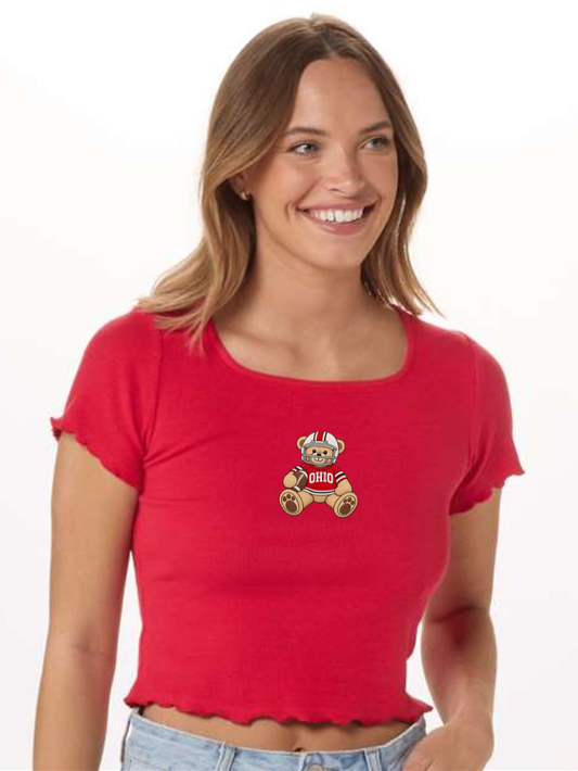 Ohio State Football Teddy Bear Embroidered Women's Baby Rib T-Shirt