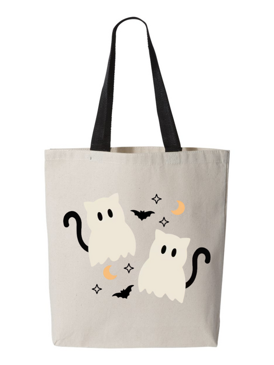 Spooky Cat Ghost Black Handle Kids Halloween Trick or Treat Custom Canvas Tote Bag