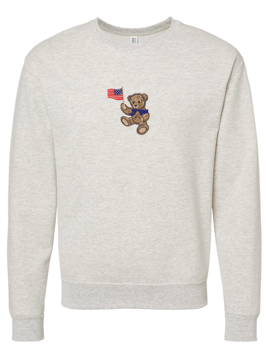Patriotic Teddy Bear Embroidered American Flag Crewneck Sweatshirt
