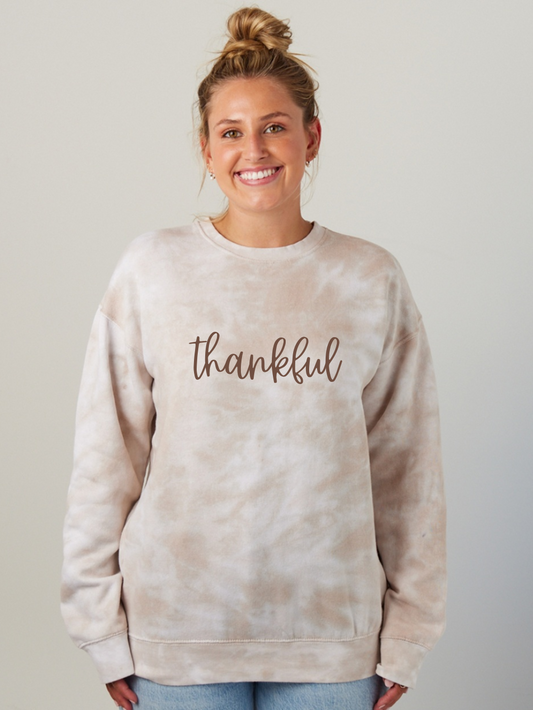 Thankful Embroidered Brown Tie Dye Crewneck Sweatshirt
