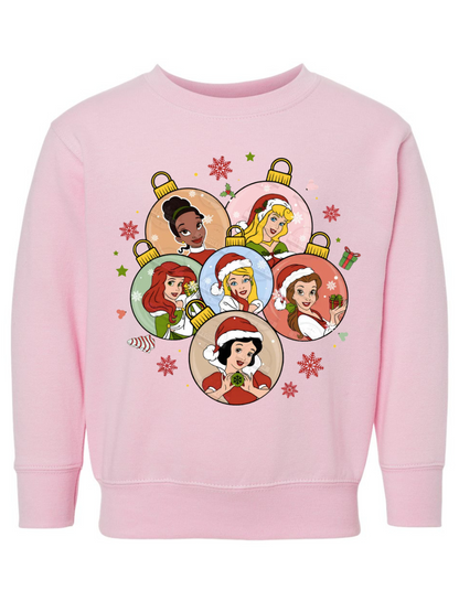 Disney Princesses Christmas Ornaments Graphic Toddler Or Kid Crewneck Sweatshirt