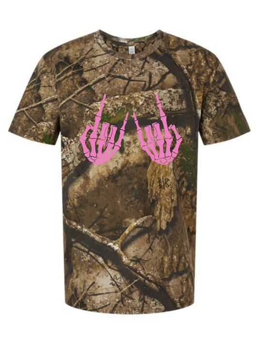 Rock On Pink Skeleton Printed Camo Graphic T-Shirt