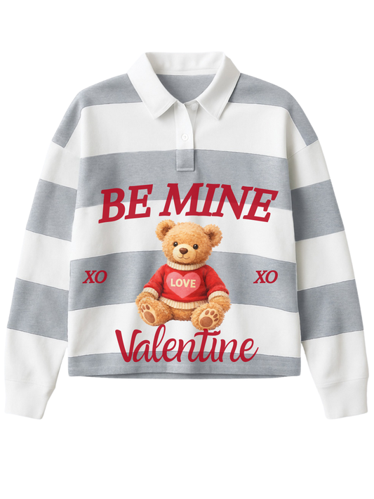 Be Mine Valentine Teddy Graphic Ladies Boxy Striped Rugby Shirt