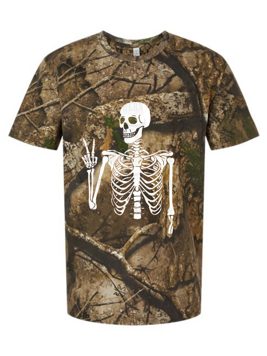 Peace Sign Skeleton Printed Camo Graphic T-Shirt