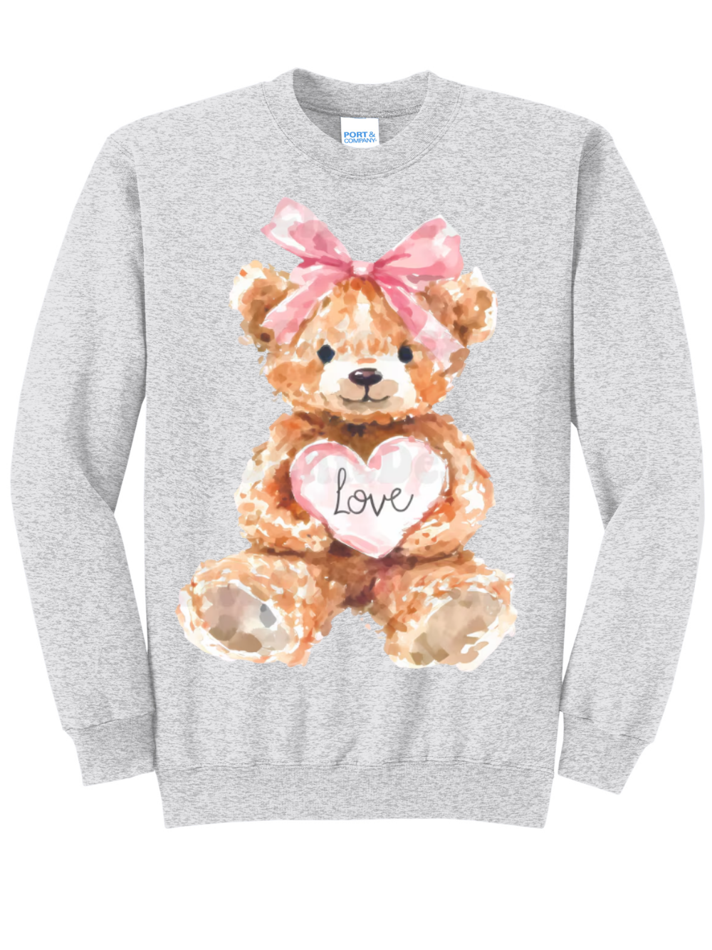 Pink Teddy Love Watercolor Graphic Fleece Crewneck Sweatshirt