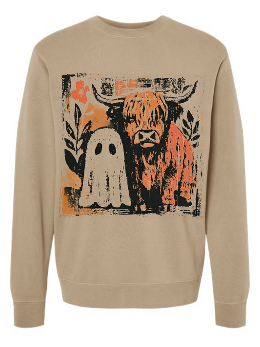 Spooky Highland Cow Fall Washed Graphic Crewneck Sweatshirt