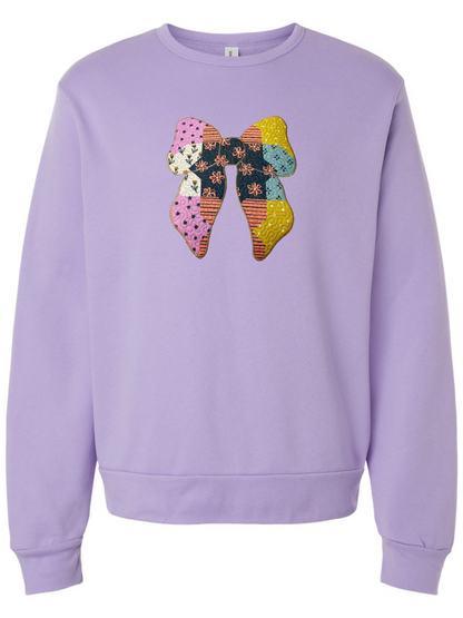 Floral Coquette Patchwork Quilted Bow Applique Embroidered Crewneck Sweatshirts