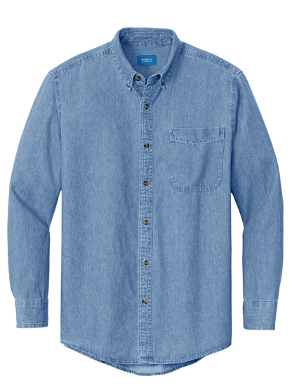 Custom Sports Team, City, or Word Embroidered Back Denim Button Up Shirt