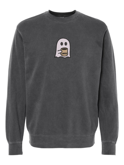 Ghost Drinking Coffee Embroidered Washed Crewneck Sweatshirt