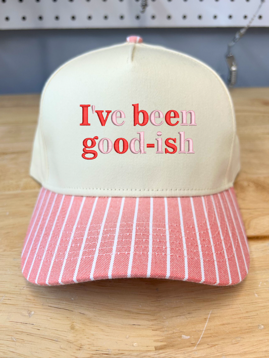 I've Been Good-Ish Embroidered Red Stripe Trucker Hat