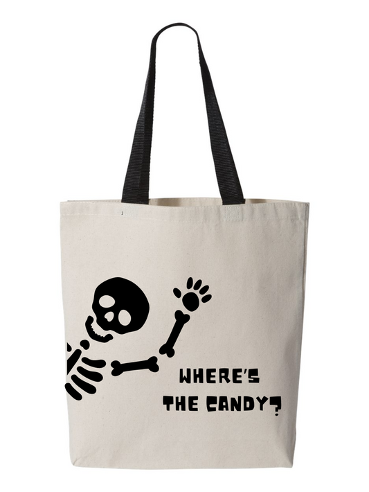 Where's The Candy Skeleton Black Handle Kids Halloween Trick or Treat Custom Canvas Tote Bag