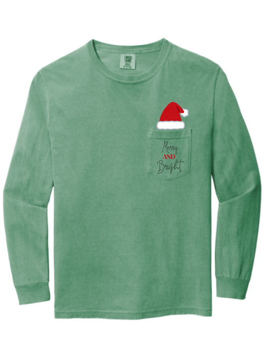 Merry And Bright Embroidered Comfort Colors Pocket Long Sleeve