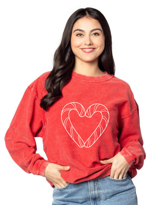 Candy Cane Heart Embroidered Corded Crewneck Sweatshirt