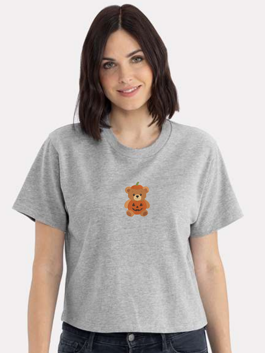 Fall Pumpkin Teddy Bear Embroidered Graphic Boxy Tee