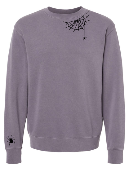 Spiderweb Collar & Sleeve Embroidered Washed Crewneck Unisex Fall Halloween Sweatshirt