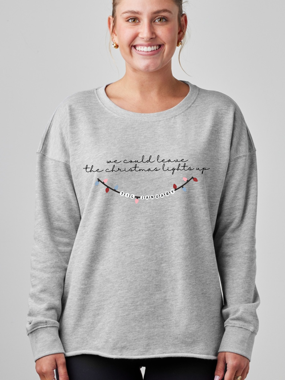 Christmas Lights Up Until January Embroidered Enza Ladies Drop Shoulder Beach Fleece