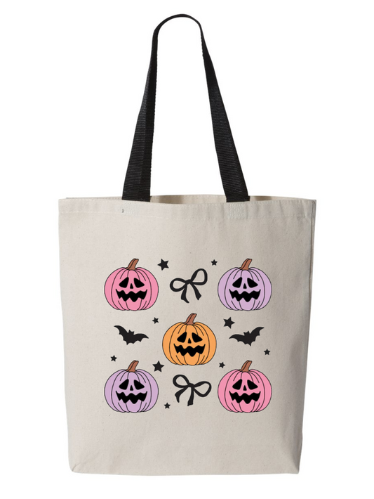 Colorful Pumpkin Bow Black Handle Kids Halloween Trick or Treat Custom Canvas Tote Bag