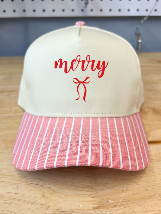 Merry Bow Embroidered Red Stripe Trucker Hat