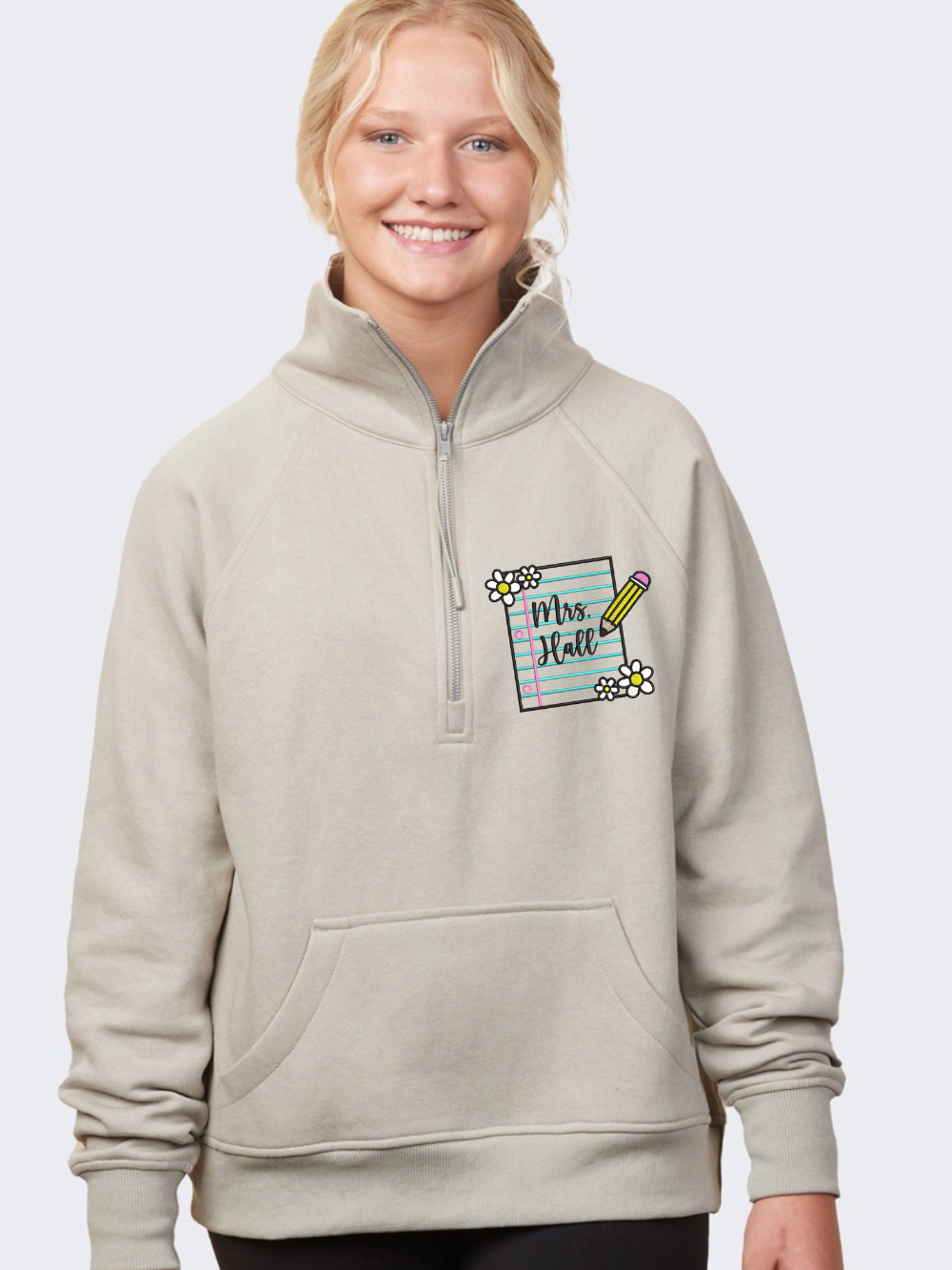Custom Teacher Name Floral Notebook Embroidered Enza Half Zip