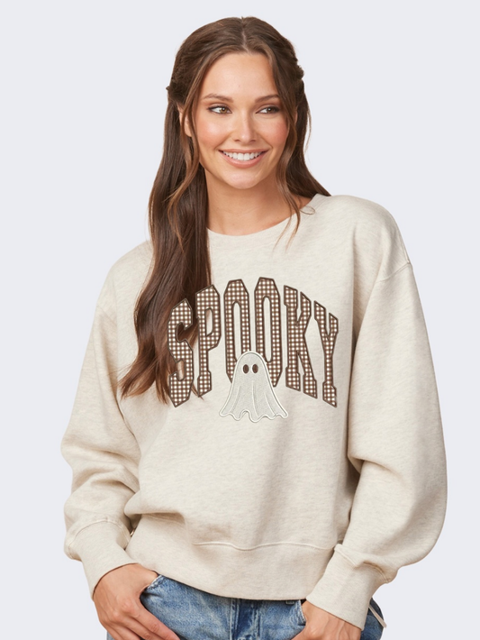 Spooky Ghost Embroidered Appliqué Boxy Crewneck Sweatshirt