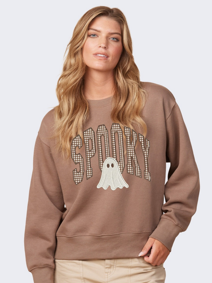 Spooky Ghost Embroidered Appliqué Boxy Crewneck Sweatshirt