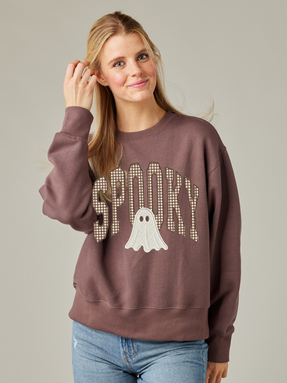 Spooky Ghost Embroidered Appliqué Boxy Crewneck Sweatshirt