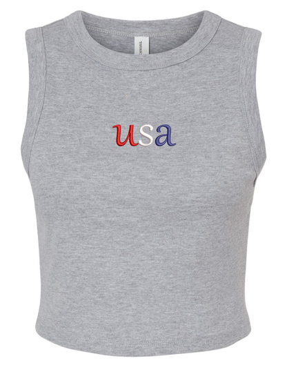 Dainty USA Embroidered Women's Rib Muscle Cropped Tank