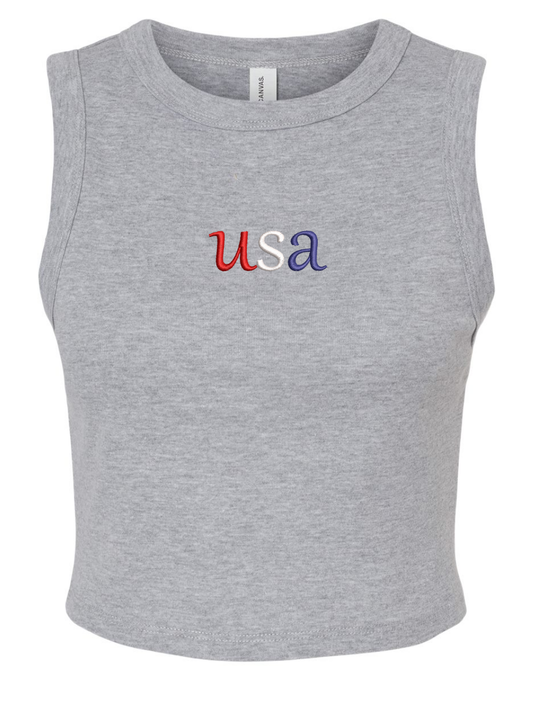 Dainty USA Embroidered Women's Rib Muscle Cropped Tank