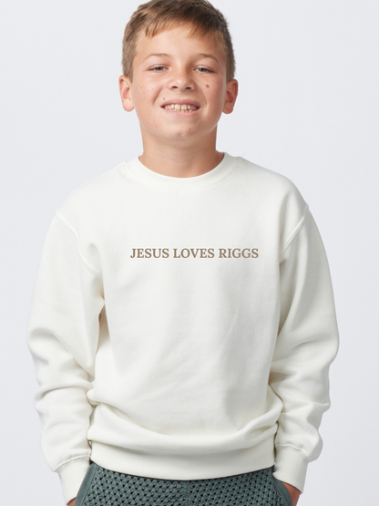Jesus Loves Customized Embroidered Tone on Tone Youth Crewneck