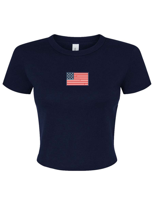 American Flag Embroidered Women's Micro Rib Baby Tee