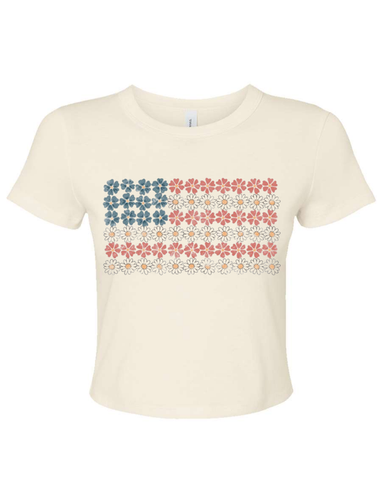 Floral American Flag Printed Women's Micro Rib Baby Graphic Tee