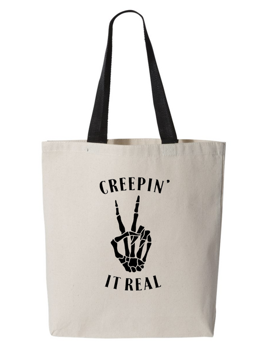 Creepin' It Real Black Handle Kids Halloween Trick or Treat Custom Canvas Tote Bag