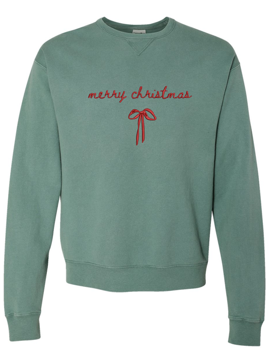 Merry Christmas Bow Embroidered Comfort Wash Crewneck Sweatshirt