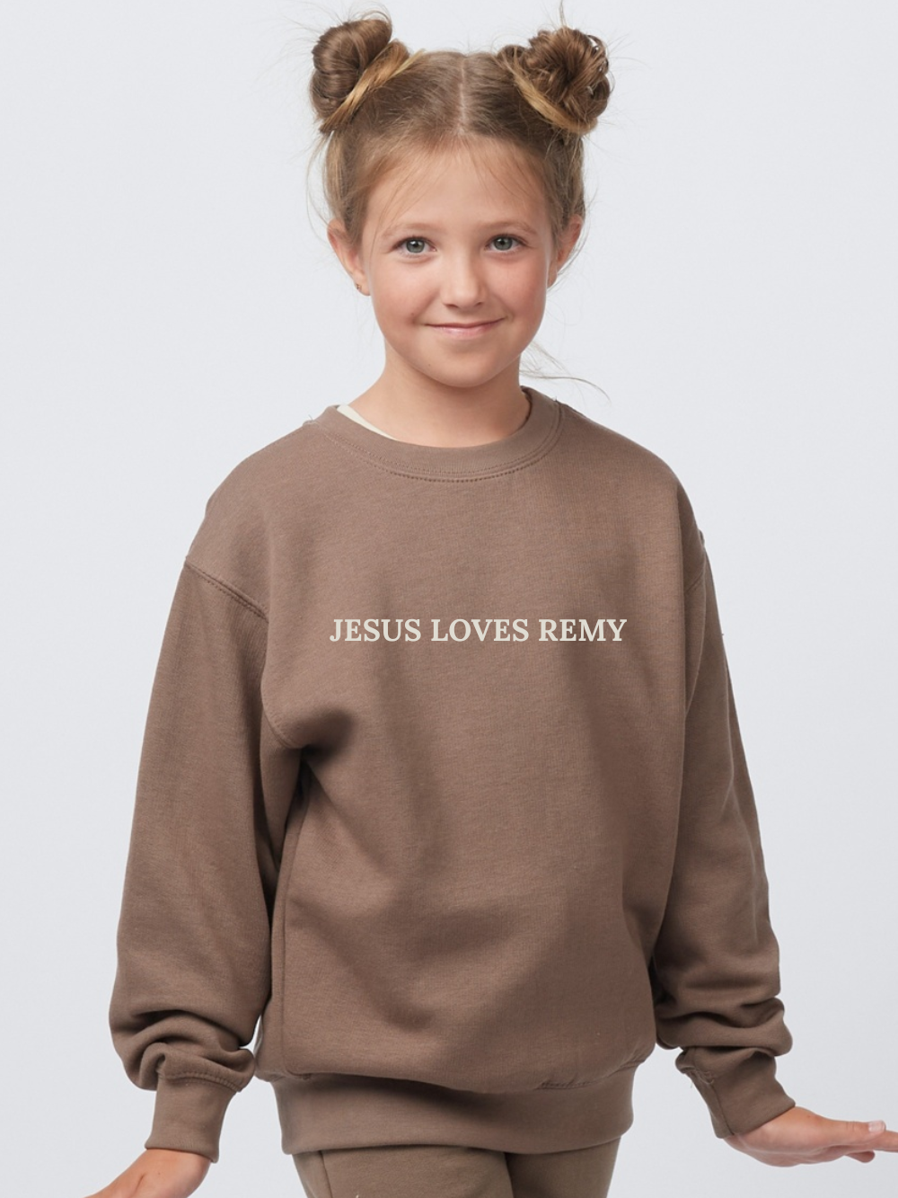 Jesus Loves Customized Embroidered Tone on Tone Youth Crewneck