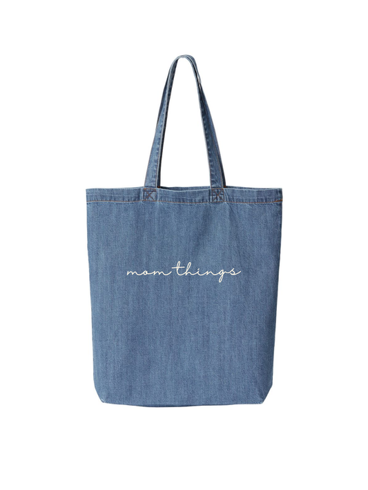 Mom Things Embroidered Denim Tote Bag
