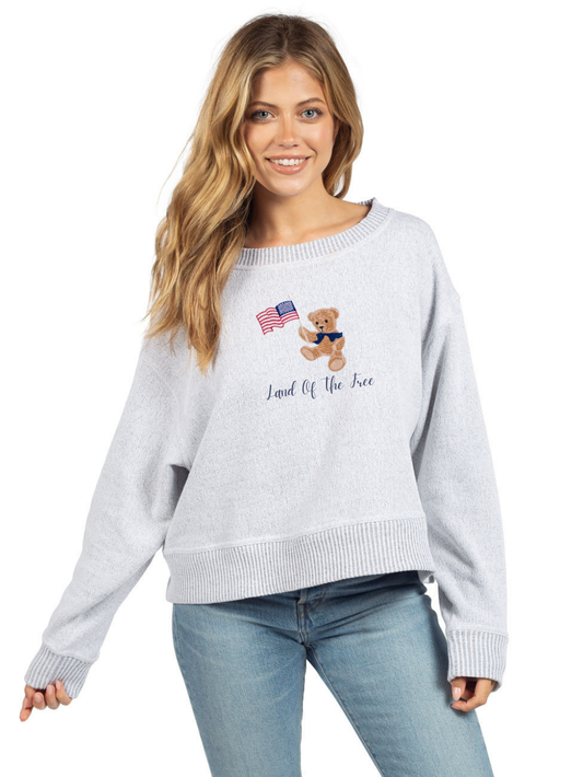 Patriotic Teddy Bear Embroidered Boxy Crewneck Pullover