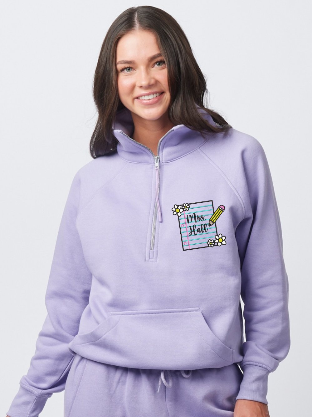 Custom Teacher Name Floral Notebook Embroidered Enza Half Zip