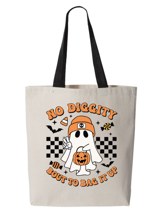 No Diggity Ghost Black Handle Kids Halloween Trick or Treat Custom Canvas Tote Bag