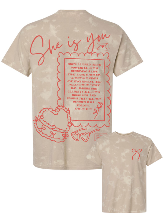 She Is You Embroidered Bow + Printed Front Graphic Heavyweight Tie Dye T-Shirt