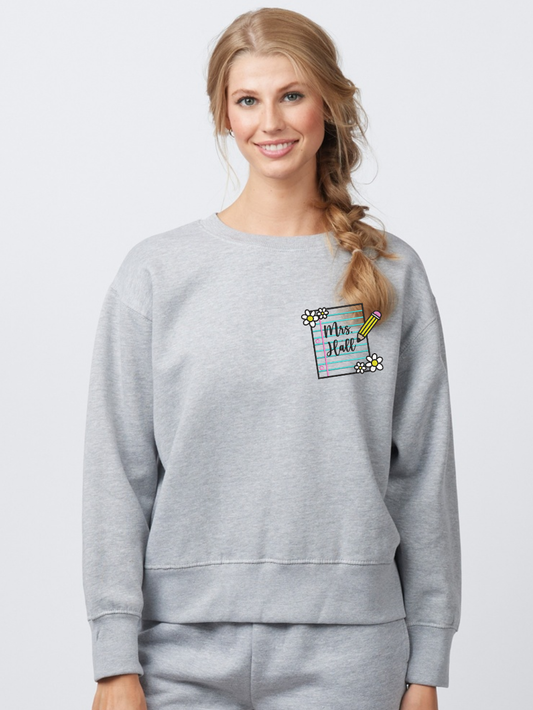 Custom Teacher Name Floral Notebook Embroidered Enza Crewneck