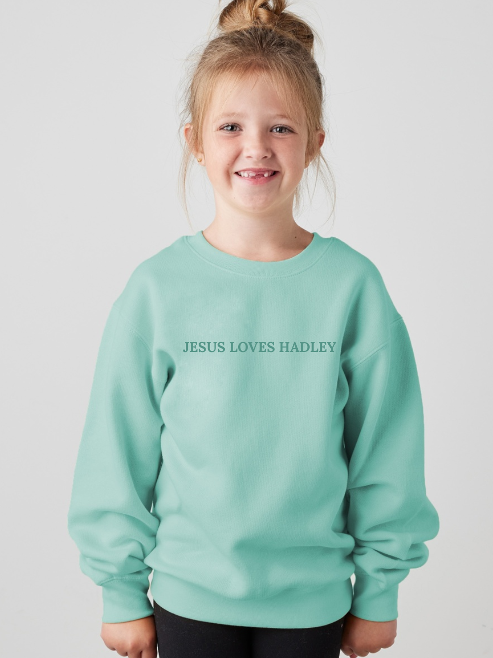 Jesus Loves Customized Embroidered Tone on Tone Youth Crewneck