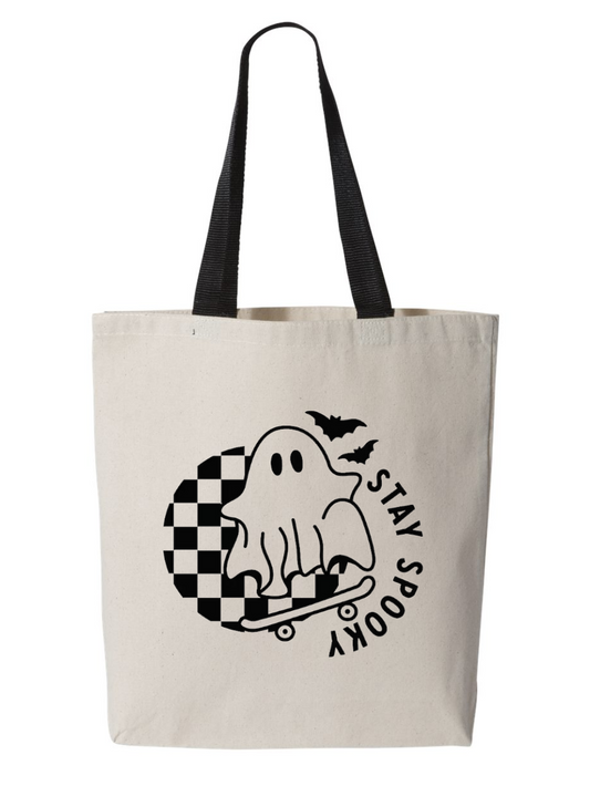 Stay Spooky Ghost Black Handle Kids Halloween Trick or Treat Custom Canvas Tote Bag