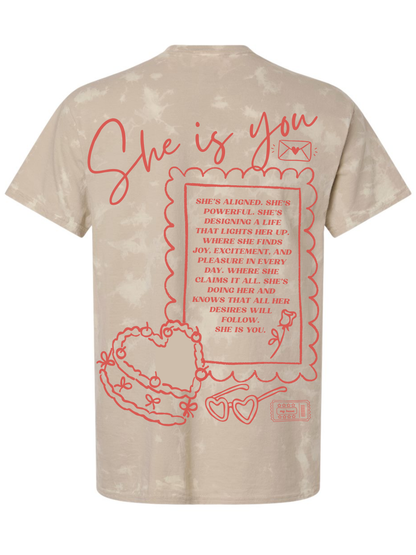She Is You Embroidered Bow + Printed Front Graphic Heavyweight Tie Dye T-Shirt