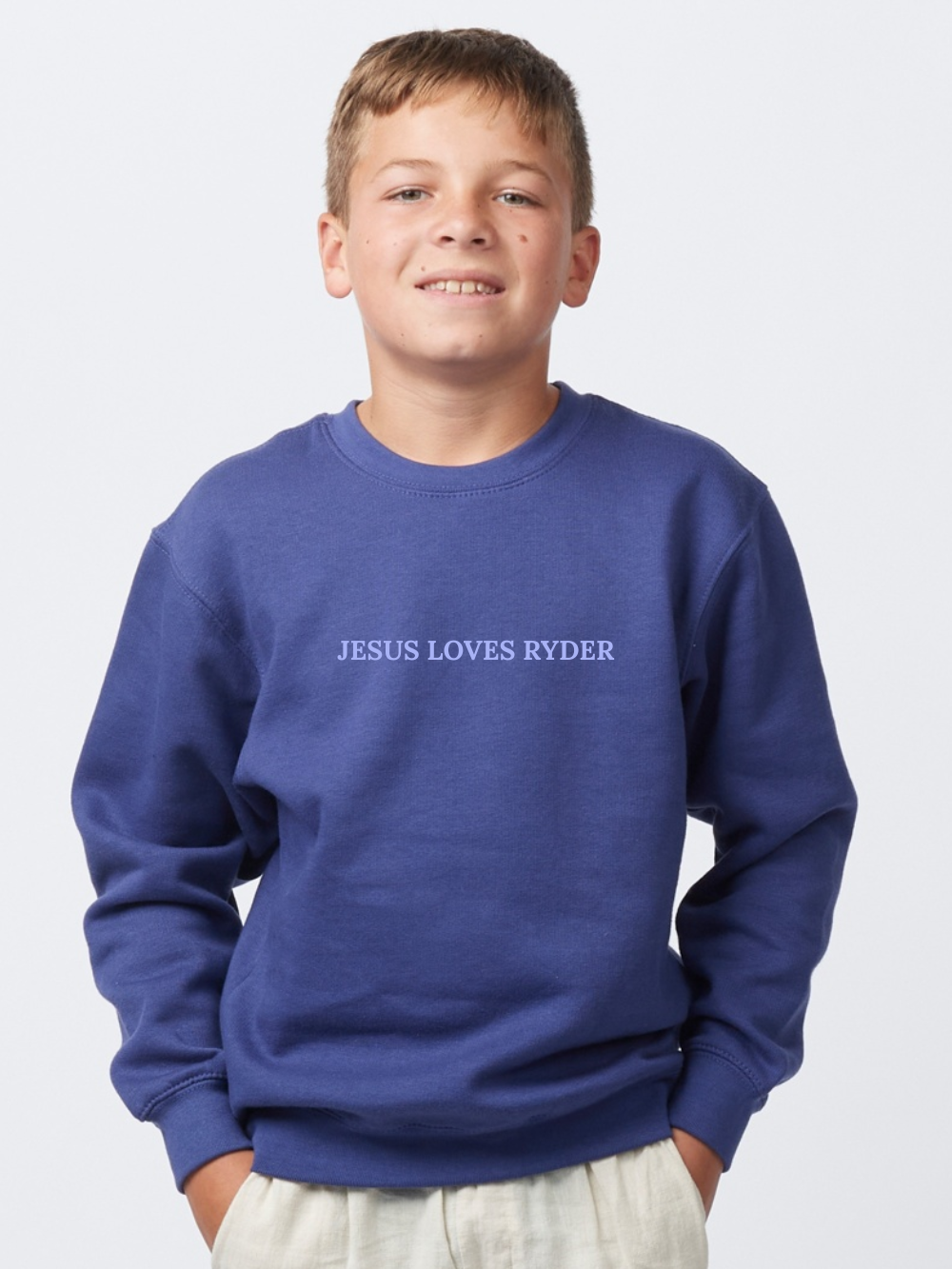 Jesus Loves Customized Embroidered Tone on Tone Youth Crewneck