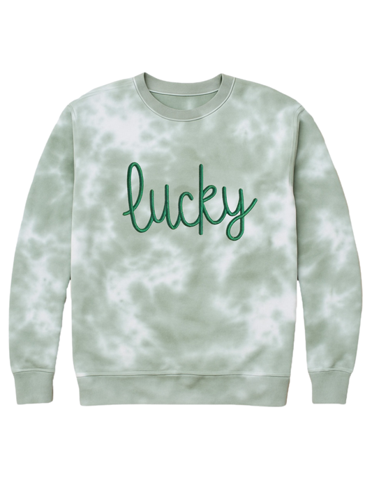 Lucky Puff Embroidery Tie Dyed Crewneck Sweatshirt