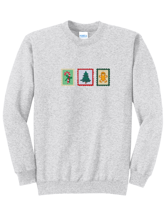 Christmas Stamps Embroidered Crewneck Sweatshirt