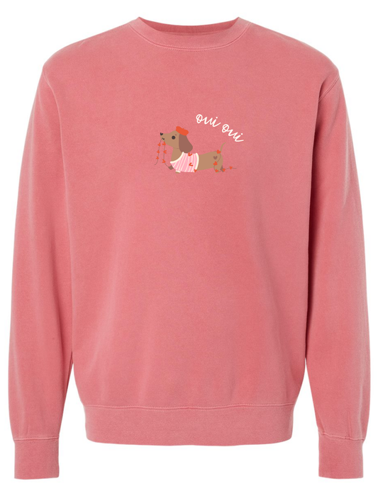 Oui Oui French Dog Embroidered Pigment Dyed Crewneck Sweatshirt